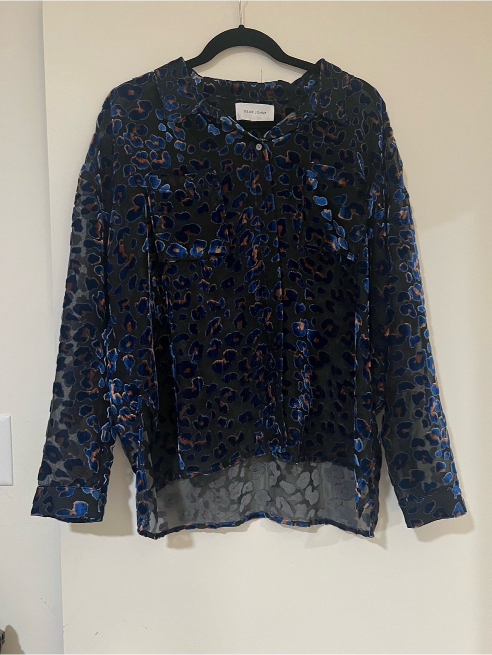 Dear John Black burnt velvet Sheer Blouse with Blue and Brown Leopard Spots